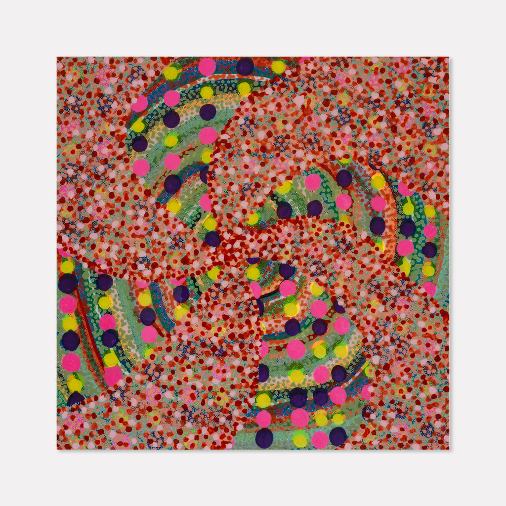 The artwork 'Lolli-Spin' by Lori Kirkbride features a vibrant spiral pattern composed of multicolored dots in pink, yellow, purple, and green against a speckled red-orange background. The playful, candy-like design swirls across the acrylic and resin panel, creating a dynamic circular movement with pointillism-inspired texture.