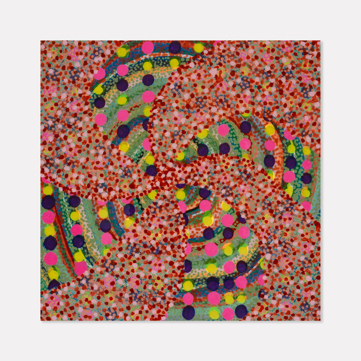 The artwork 'Lolli-Spin' by Lori Kirkbride features a vibrant spiral pattern composed of multicolored dots in pink, yellow, purple, and green against a speckled red-orange background. The playful, candy-like design swirls across the acrylic and resin panel, creating a dynamic circular movement with pointillism-inspired texture.