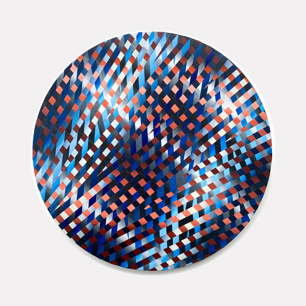 The artwork 'Long Nights' by Elyce Abrams features an intricate geometric pattern of interwoven diagonal lines and small diamond shapes in vibrant blues, coral reds, and metallic silvers. Created on a 20-inch round wood panel, this acrylic painting creates a mesmerizing optical illusion through its rhythmic pattern arrangement and dynamic color interplay.