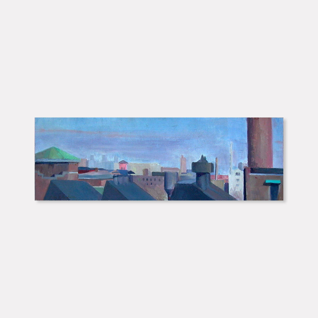 The artwork 'Long Rooftops' by Peter Colquhoun depicts an urban cityscape panorama with overlapping building rooftops against a serene blue sky. The oil painting features muted brown and gray architectural forms, distant skyscrapers, and industrial elements including a prominent brick chimney, creating a contemplative view of city architecture. The 24-inch wide canvas board captures the geometric patterns of urban structures in an impressionist s