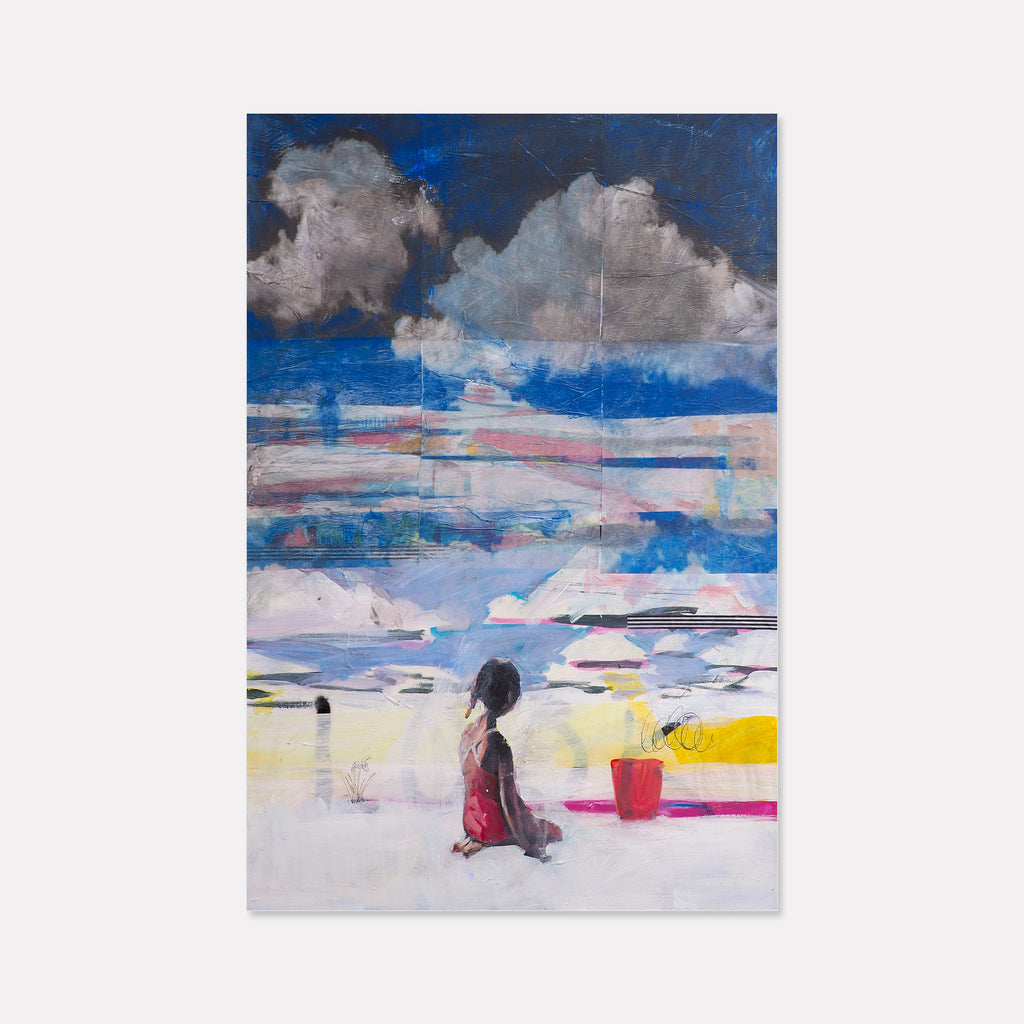 The artwork 'Look' by Chris Baily depicts a beach scene with dramatic cumulus clouds against a deep blue sky. Abstract mixed media techniques create layers of soft pinks, yellows, and blues in the horizon. A solitary figure sits on white sand beside a red bucket, gazing at the ethereal seascape. The painting combines impressionistic and contemporary styles on canvas, creating a contemplative coastal atmosphere.