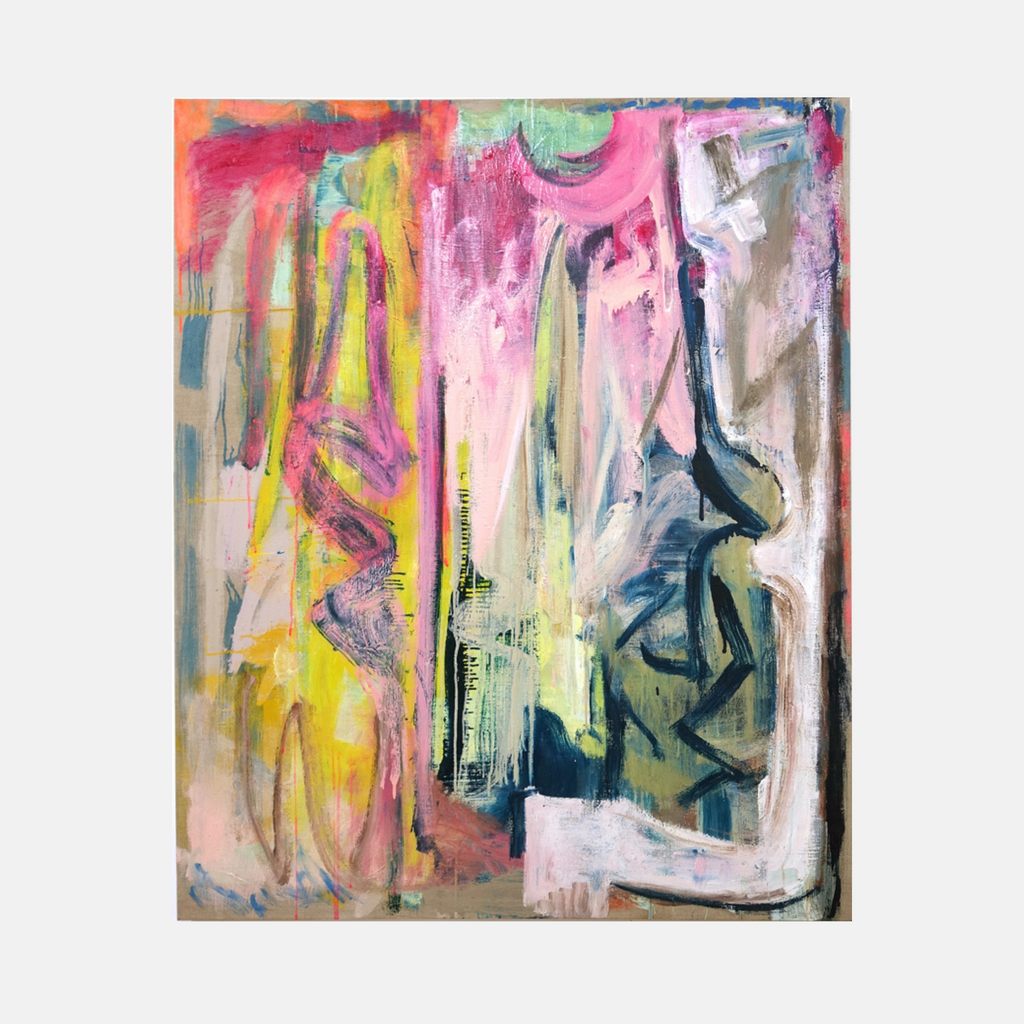 The artwork 'Looming Rehearsal' by Molly Herman features abstract expressionist brushstrokes in vibrant pink, yellow, and green hues against a neutral background. Dynamic vertical movements dominate the composition, with fluid gestural marks creating a sense of motion and depth. Oil paint on linen creates rich textural variations and translucent layers. by Molly Herman.