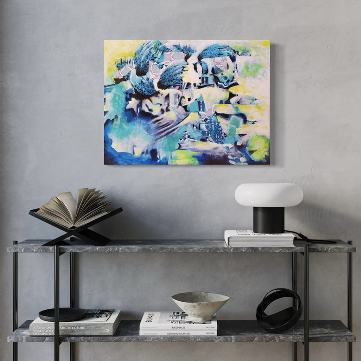 The artwork 'Lost In The Snow' by James Ehling features an abstract composition with swirling blues and turquoise hues intermingled with bright yellow and lime green accents. The acrylic and fabric mixed media piece creates a dynamic, ethereal landscape with flowing forms and textural elements, measuring 18x24 inches.
