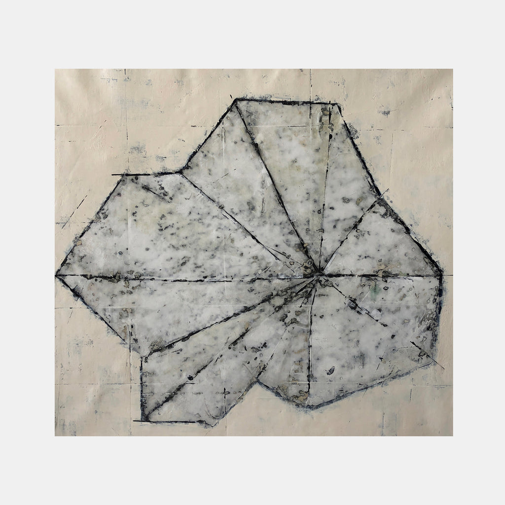 The artwork 'Lotus Remake' by Shira Toren features geometric abstract patterns in a lotus-like formation, rendered in textured Venetian plaster and graphite. Bold angular lines create intersecting triangular segments in muted grey tones against a cream background, measuring 30x32 inches, showcasing a minimalist, architectural aesthetic with subtle surface variations.