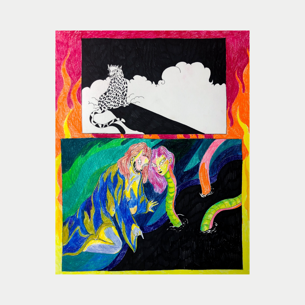 The artwork 'Love and Fear Have Entered the Chat' by Eriko Hattori features a dual-panel composition in colored pencil and pen. The top panel shows a solitary owl against a black and white scene with flames, while the bottom panel displays vibrant figures in blues, greens, and yellows emerging from darkness, surrounded by curving organic forms and bold colors.