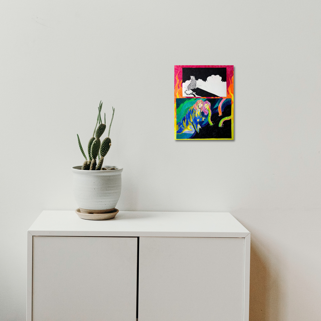 The artwork 'Love and Fear Have Entered the Chat' by Eriko Hattori features vibrant colored pencil and pen illustration displaying abstract shapes in neon green, pink, and black against a dynamic rainbow background, framed by a bold border, shown mounted above a white cabinet with a small cactus plant in ceramic pot.