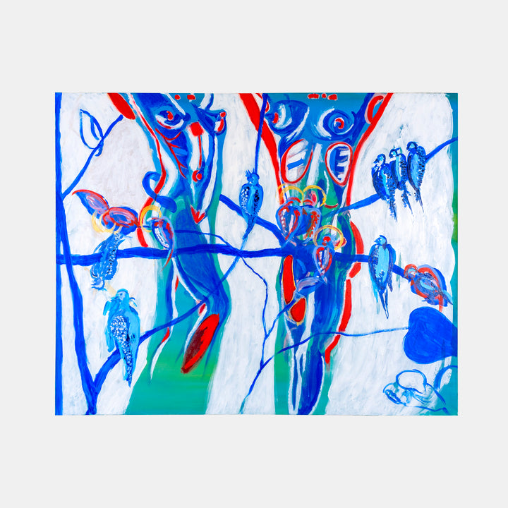 The artwork 'Love in the Time of Corona' by Camilla Webster features vibrant abstract birds perched on intertwining blue branches against a white background. The composition blends electric blue, red, and teal accents in an expressive style, creating a dynamic modern interpretation of nature using acrylic on canvas. Small avian figures cluster together, symbolizing connection during isolation.