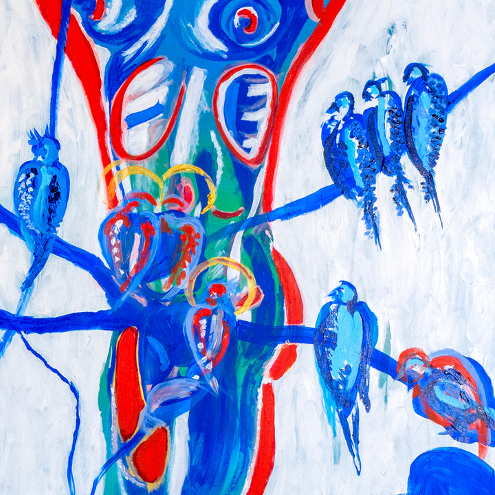 The artwork 'Love in the Time of Corona' by Camilla Webster features vibrant silhouettes of birds perched on branches in electric blue against a white background. Bold red accents and flowing green elements create a dynamic composition. The acrylic painting showcases an expressionist style with energetic brushstrokes and abstract forms, measuring 48x60 inches on canvas.