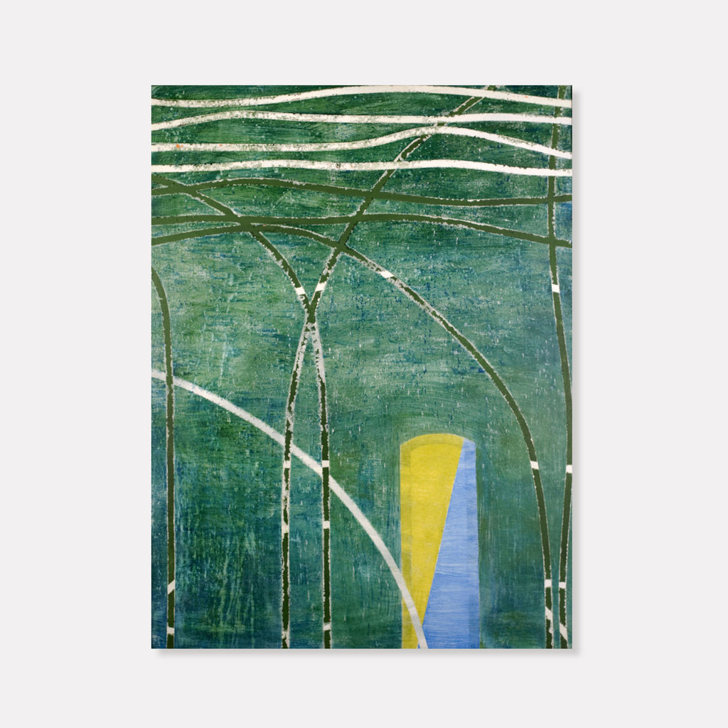 The artwork 'Lovers in the Night' by Suejin Jo features graceful curved lines in white and gold intersecting across a deep emerald green background. A striking geometric composition of yellow and periwinkle blue forms creates a bold contrast in the lower portion, while organic arching shapes suggest bamboo or reeds swaying in an evening breeze. Oil and acrylic on canvas, 40x30 inches.