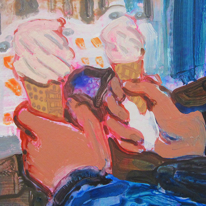 The artwork 'Lula's Sweet Apothecary' by Michelle Selwa features vibrant ice cream cones with swirling pink scoops atop golden waffle cones, painted in expressive brushstrokes. The composition uses warm coral pinks contrasting against deep cobalt blues, rendered in thick, textural acrylic paint on hardboard with an impressionistic style that captures the whimsical nature of a sweet treat.