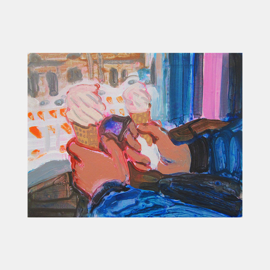 The artwork 'Lula's Sweet Apothecary' by Michelle Selwa captures hands holding ice cream cones in warm coral and pink tones against a vibrant backdrop of deep blues and pinks. Expressive brushstrokes in acrylic paint create a dynamic composition on hardboard panel, with bold color contrasts and gestural movement throughout the 9x12 inch piece.