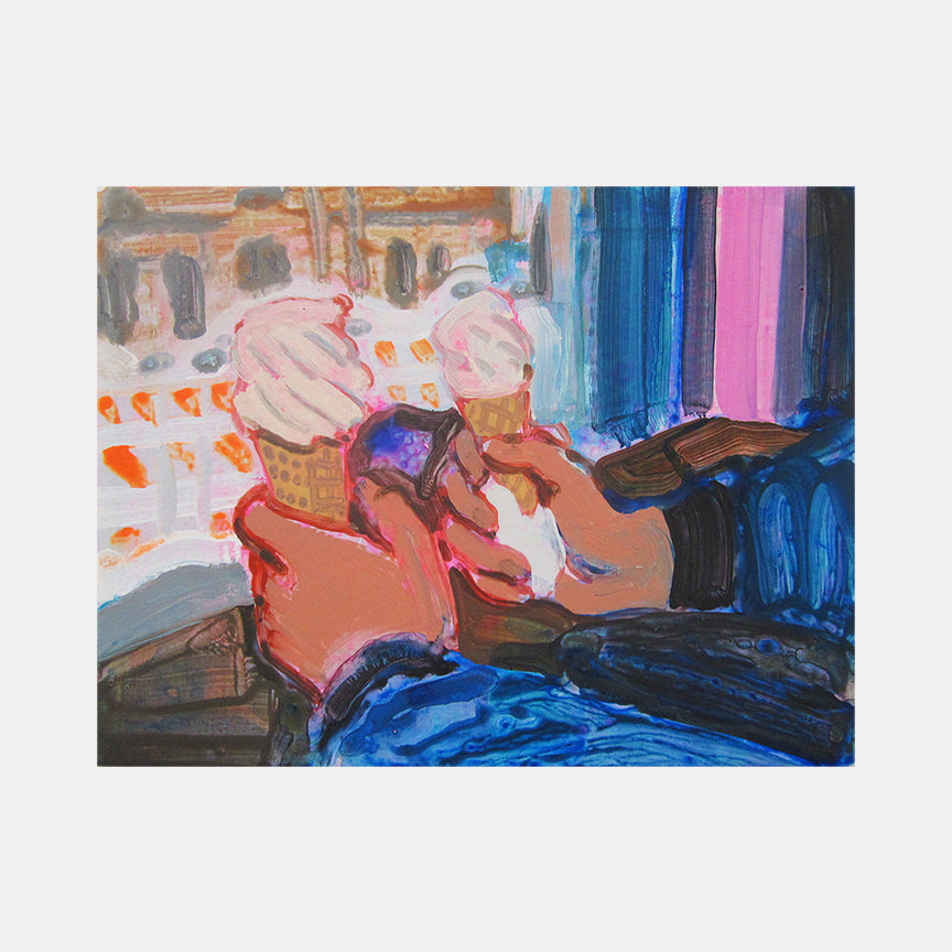 An original figurative painting of ice cream by Michelle Selwa, an artist who has exhibited in New York, titled Lula's Sweet Apothecary