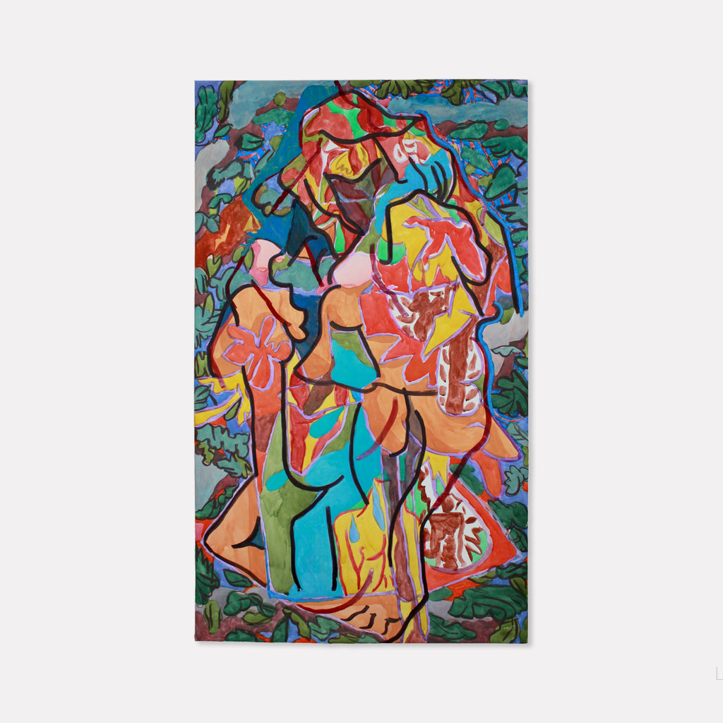 The artwork 'Luminous Figure' features an abstract composition with flowing organic forms rendered in vibrant watercolors. Bold curves and geometric shapes in coral, turquoise, and yellow create a dynamic figure-like form against a swirling blue-green background. The painting employs cubist-inspired fragmentation and expressive brushwork on paper. By Winnie Sidharta.