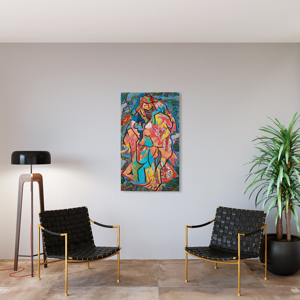 The artwork 'Luminous Figure' by Winnie Sidharta features vibrant abstract figures rendered in coral, turquoise, and pink watercolors on paper. Dynamic brushstrokes create flowing forms against a swirling aqua background, exhibiting an expressionist style that combines organic shapes with bold, fluid lines. Measuring 30x50 inches, the composition shows harmonious movement and energetic color interplay.