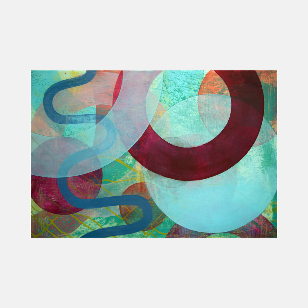 The artwork 'Lunar' by Linda Schmidt features overlapping geometric shapes in a dreamlike composition. A deep burgundy crescent moon floats against a turquoise background, while sinuous blue curves weave through translucent circles. The Flashe paint on Mylar creates a luminous effect with layered textures and ethereal color transitions.