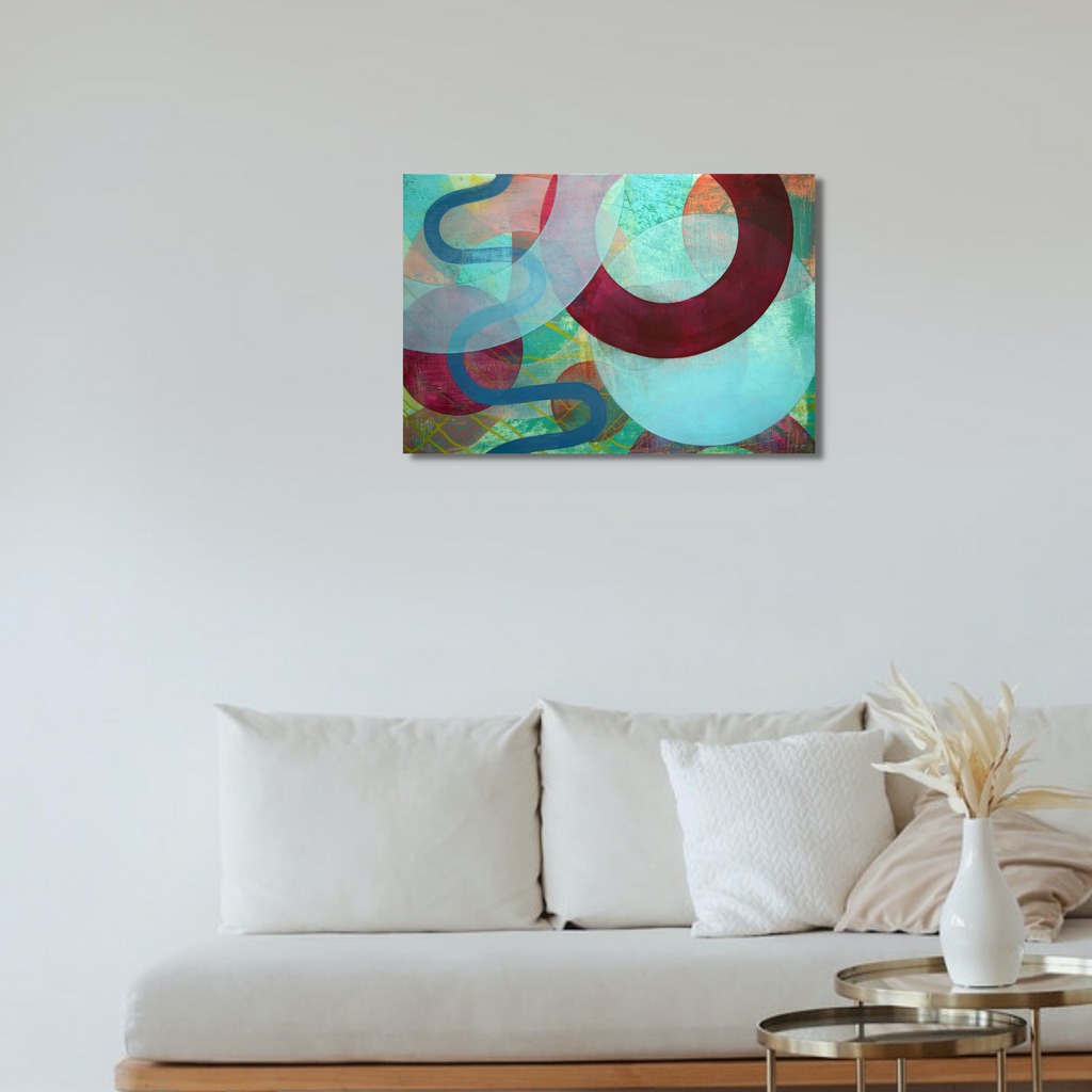 The artwork 'Lunar' by Linda Schmidt features abstract circular forms in turquoise and deep burgundy, creating a ethereal celestial composition. Curved shapes float across a luminous aqua background, with layered translucent elements suggesting orbital movement. Painted in Flashe on Mylar, the piece combines geometric precision with fluid artistic expression.