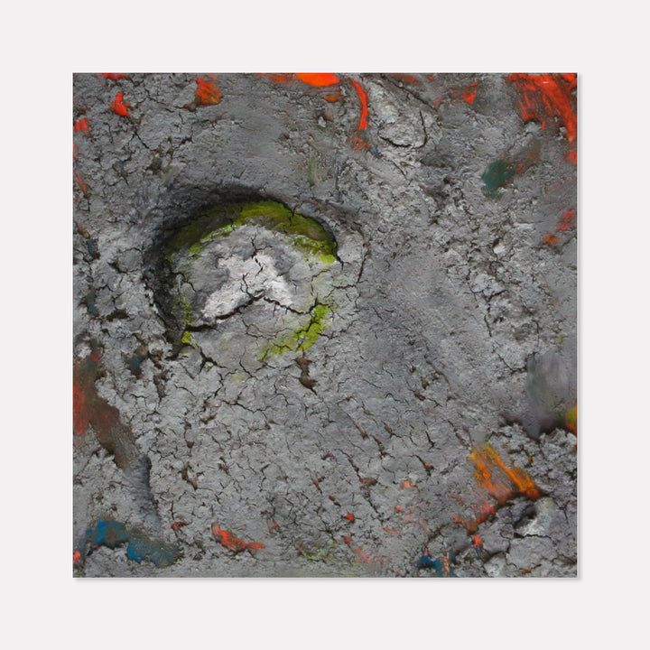 Maine Tidal Stone by Barbara Groh features a textured, abstract composition with cracked gray earth-like surface, highlighted by moss green circular formation at center. Vibrant orange and teal accents scatter the edges, creating a dynamic coastal-inspired piece. Acrylic on hardboard captures organic patterns reminiscent of tidal pools.