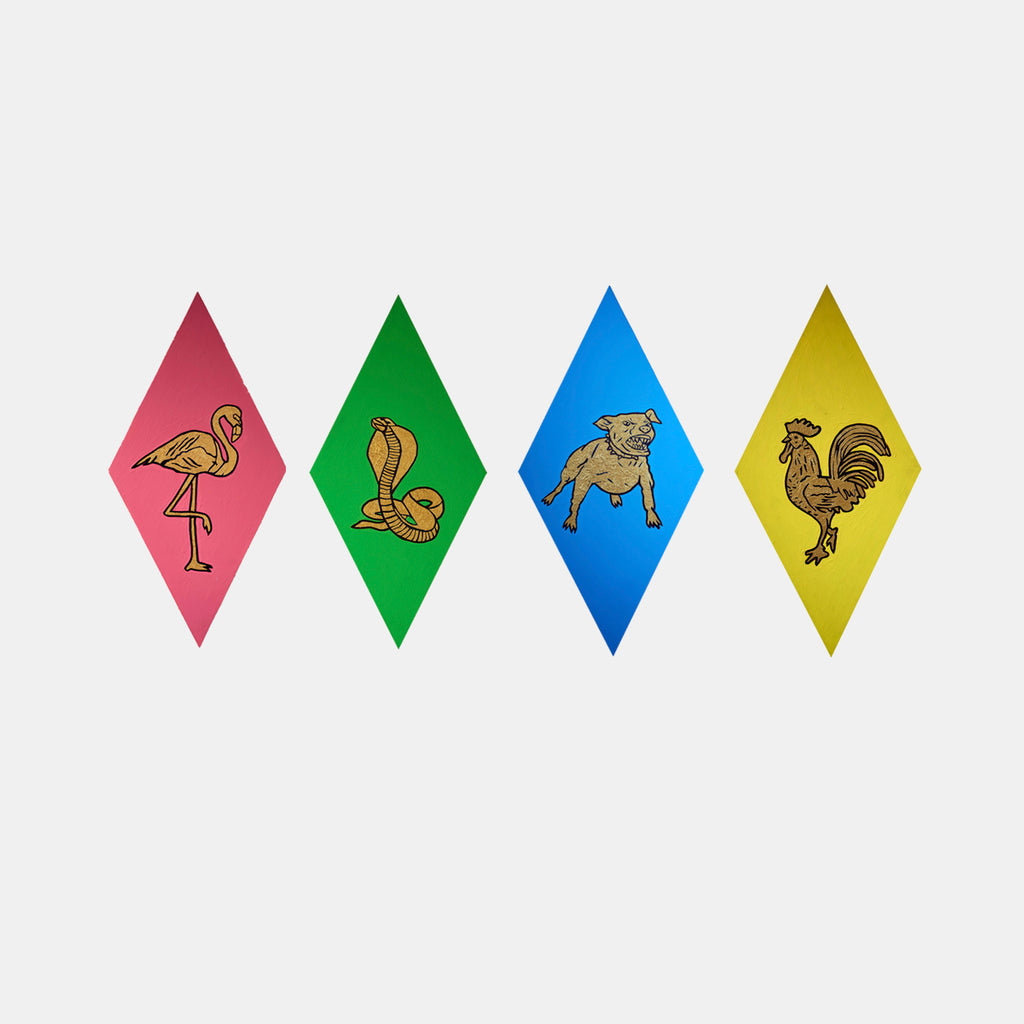 The artwork 'Rooster, Pitbull, Flamingo, Snake' by Marco DaSilva features four diamond-shaped panels in pink, green, blue, and yellow, each adorned with gold animal silhouettes. The distinctive artwork combines latex paint backgrounds with metallic gold detailing, creating bold geometric compositions of a graceful flamingo, coiled snake, muscular pitbull, and proud rooster.