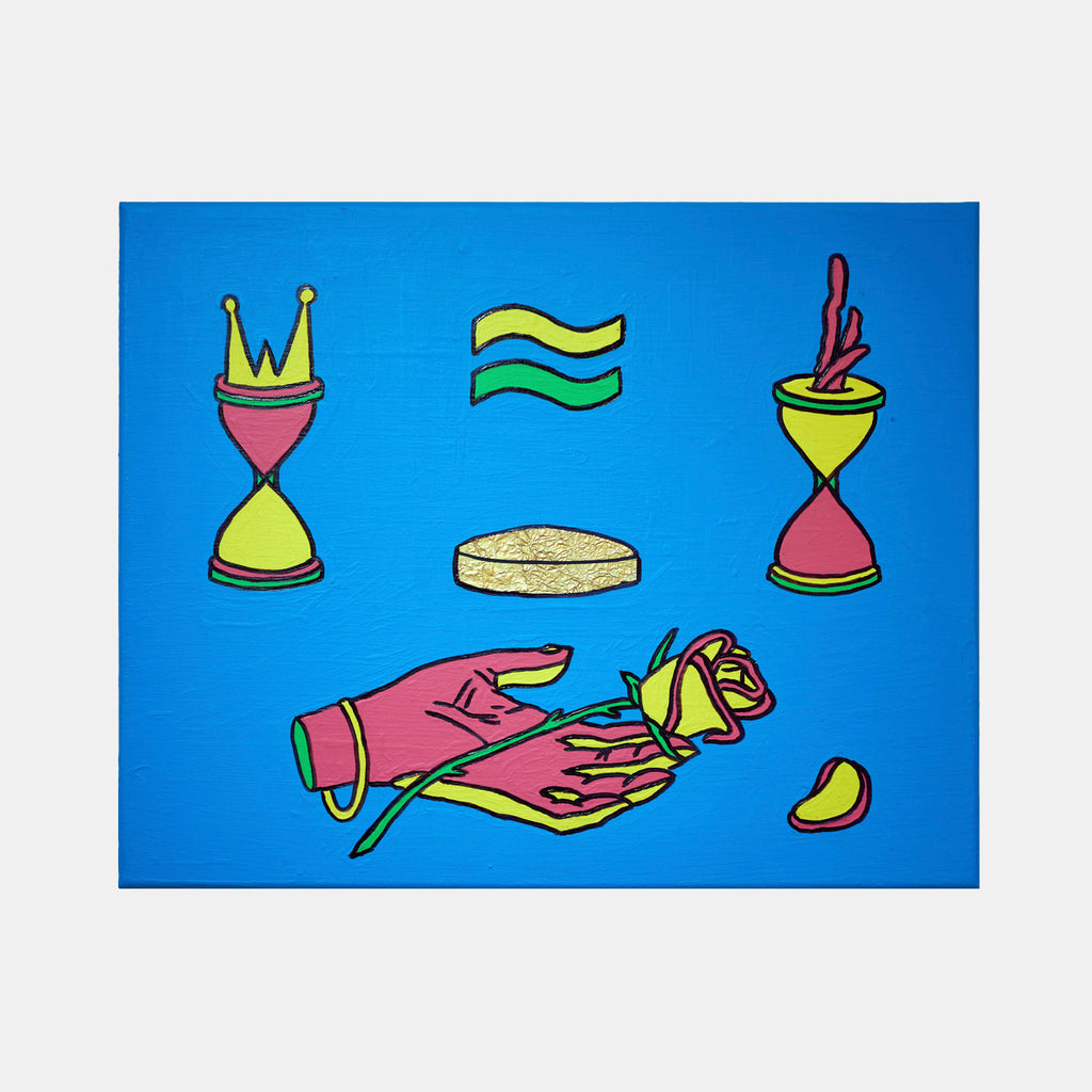 The artwork 'Nosso Anjos Não Bateram' by Marco DaSilva features vibrant symbols on a bright blue background, including two hourglass shapes adorned with crowns and branches, a wavy flag-like symbol, a golden circular disc, and stylized pink gloves with yellow accents arranged in a symbolic composition, created using latex paint, gold paint, and tinfoil on canvas.
