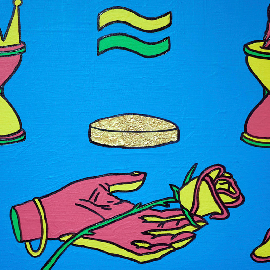 The artwork 'Nosso Anjos Não Bateram' by Marco DaSilva features a vibrant composition on bright blue background, depicting stylized pink gloves holding yellow roses, symmetrical hourglass-shaped vessels in pink and yellow, and floating gold-foiled circular elements. The piece combines latex paint with metallic accents and bold marker outlines.
