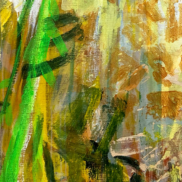 The artwork 'The Sibyl's Cove' by Molly Herman features dynamic brushstrokes in vibrant emerald green and amber hues, creating an abstract landscape with textural elements. Bold vertical strokes suggest natural forms, while layered acrylic paint on mixed media creates depth and movement through contrasting warm and cool tones. 44x50 inches mixed media artwork by Molly Herman.