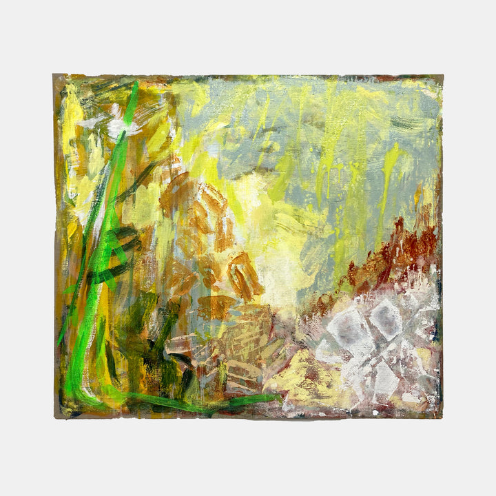 The artwork 'The Sibyl's Cove' by Molly Herman features dynamic brushstrokes in vibrant chartreuse, emerald green, and earthy browns. Abstract expressionist composition combines textural elements of cardboard, canvas, and clay, creating a mystical landscape-like effect. Bold gestural marks in sage and white integrate with layered acrylic paint on wood, measuring 44x50 inches.