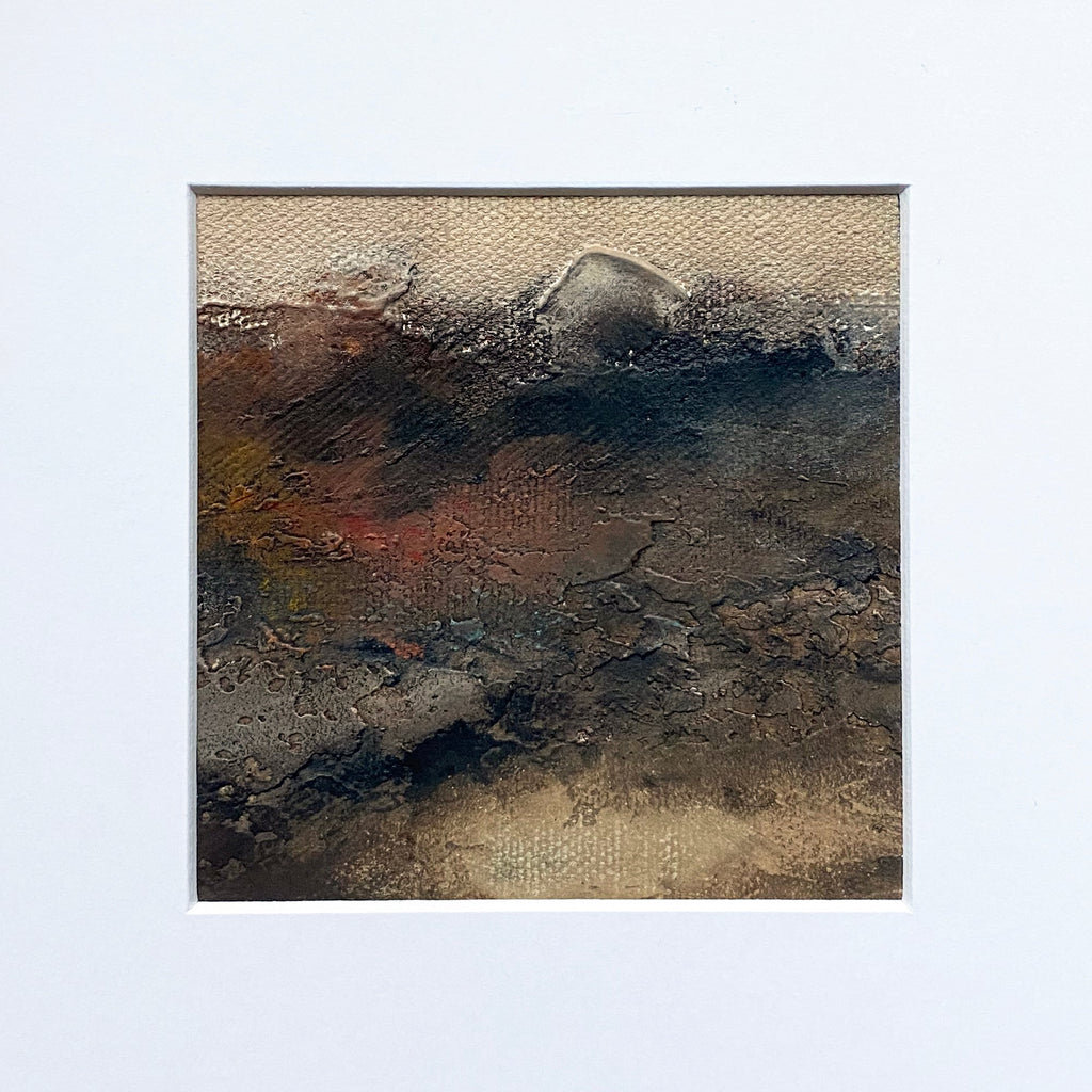 The artwork 'MOMENTUM VII' by Xanthippe Tsalimi features a richly textured abstract landscape in earth tones, with deep browns and blacks swirling into subtle hints of rust and beige. The oil painting showcases dynamic brushwork creating a moody, atmospheric effect with heavily layered pigments and organic textures on an 8x8 inch canvas.