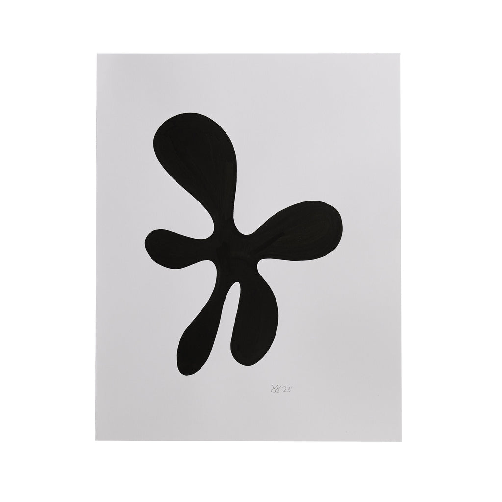 Morning Meditation XVII by Shadia Sabagh features a bold black organic shape resembling a five-petaled abstract flower or asterisk against a clean white background. Created with acrylic marker on mixed media paper, the minimalist design creates a striking visual balance through its simple yet dynamic form, framed at 14x11 inches.
