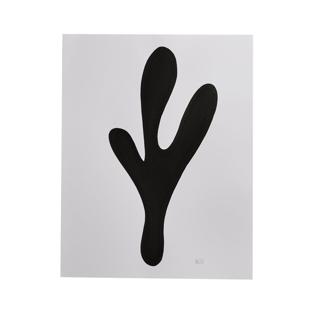 The artwork 'Morning Meditation XXII' by Shadia Sabagh features a bold black organic shape against a white background, resembling an abstract botanical form or reaching hand. Created with acrylic marker on mixed media paper, the minimalist composition showcases fluid curves and a striking silhouette.