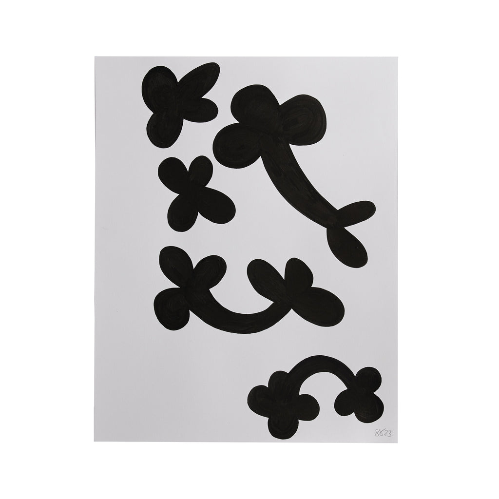 The artwork 'MORNING MEDITATION XXI' by Shadia Sabagh features bold black abstract shapes on white paper, resembling flowing curves and clover-like forms. Created with acrylic marker, the minimalist composition creates a dynamic interplay of organic forms, showcasing a modern, gestural style. Professionally framed, 14x11 inches. By Shadia Sabagh.