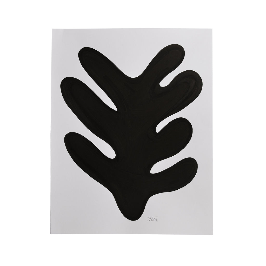 The artwork 'Morning Meditation XXVI' by Shadia Sabagh features a bold black organic shape against a white background, reminiscent of a Matisse-inspired leaf or hand silhouette. Created with acrylic marker on mixed media paper, the minimalist composition showcases fluid, curved lines and negative space in a contemporary abstract style.