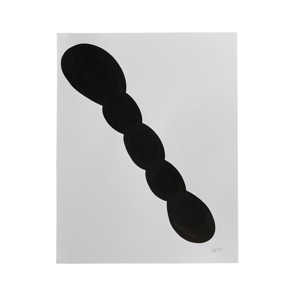 The artwork 'Morning Meditation XX' by Shadia Sabagh features a bold, minimalist design with five connected black oval shapes arranged diagonally on white paper. Created with acrylic marker, the composition showcases a striking contrast and fluid geometric form, expressing movement and rhythm through simple shapes.