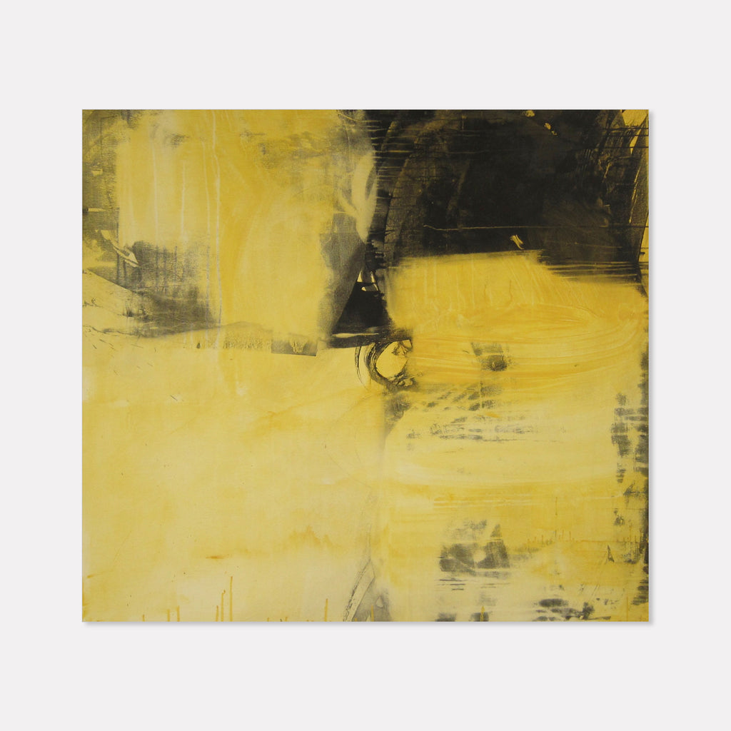 The artwork 'Music of the Spheres' by Barbara Groh features bold abstract expressionism with dynamic brushstrokes in vibrant yellow and deep black. The acrylic on canvas piece showcases dramatic contrast and textural elements, with sweeping gestural marks creating a sense of movement and cosmic energy across the 48x52 inch surface.