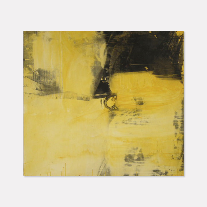 The artwork 'Music of the Spheres' by Barbara Groh features bold abstract expressionism with dynamic brushstrokes in vibrant yellow and deep black. The acrylic on canvas piece showcases dramatic contrast and textural elements, with sweeping gestural marks creating a sense of movement and cosmic energy across the 48x52 inch surface.