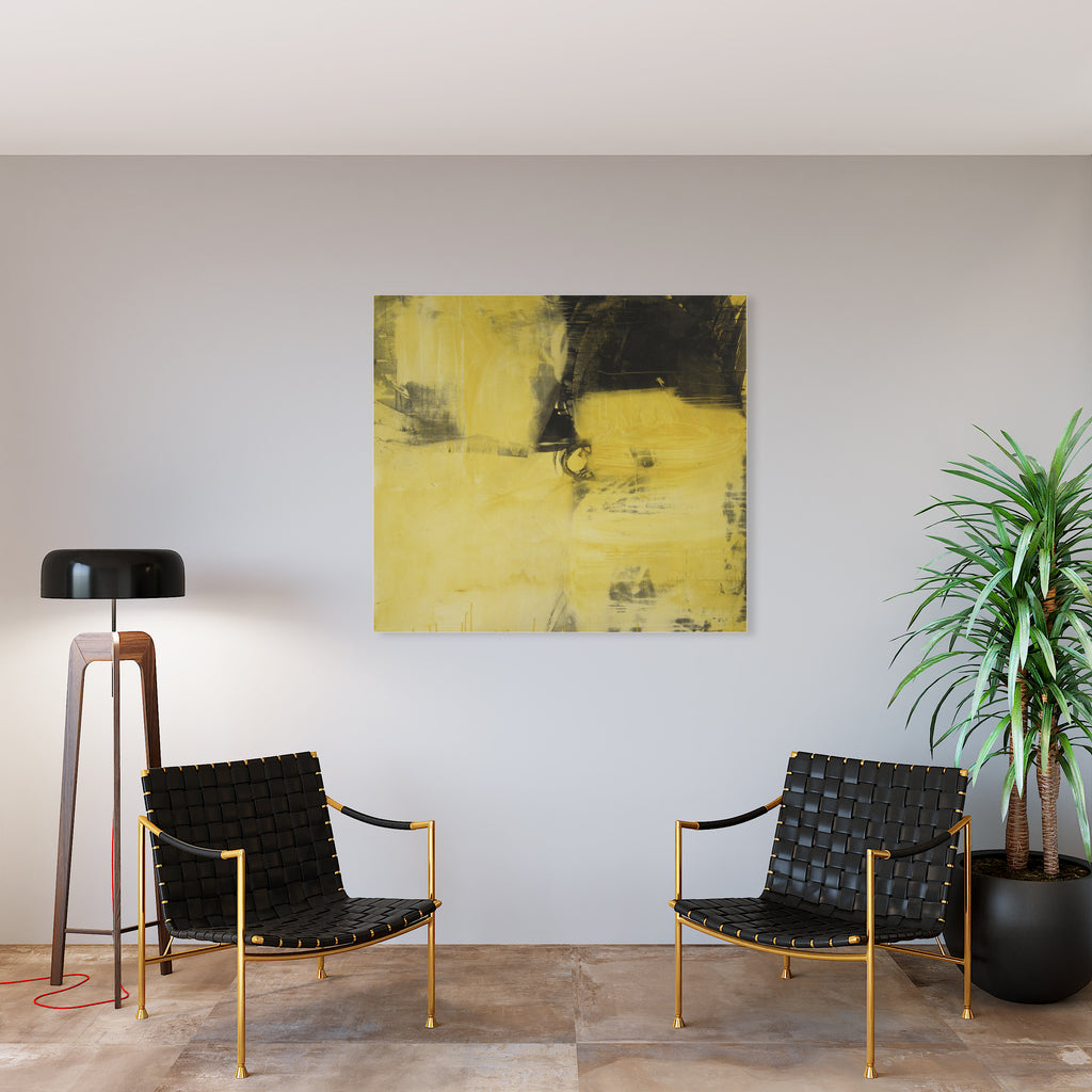 The artwork 'Music of the Spheres' by Barbara Groh features an abstract expressionist composition in vibrant yellow and deep black acrylic on canvas. Bold brushstrokes create dynamic movement across the surface, with contrasting areas of light and shadow suggesting cosmic energies and celestial motion. The 48x52 inch painting displays textural elements and gestural marks characteristic of contemporary abstract art.