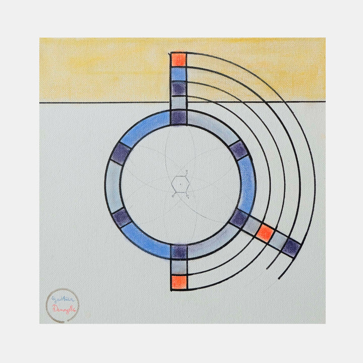 The artwork 'Madagascar' by Gauthier Denoyelle features a minimalist geometric composition with a circular design, incorporating concentric arcs and a central ring. The piece uses a restrained color palette of light blue, red, and purple segments against a white background with a soft yellow horizon, executed in marker, crayon and pencil on stretched canvas.