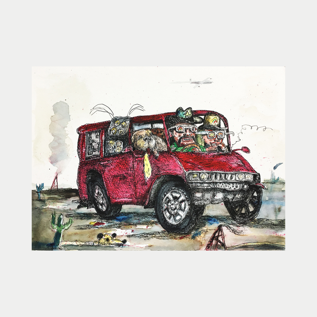 The artwork 'Magenta Humvee' by Andrew Chan features a whimsical watercolor and ink illustration of a bright red Humvee vehicle against a minimalist landscape. The vehicle is filled with playfully sketched characters, showcasing detailed pen work combined with loose watercolor washes. Desert elements and small figures dot the foreground, while a tiny aircraft appears in the pale sky.