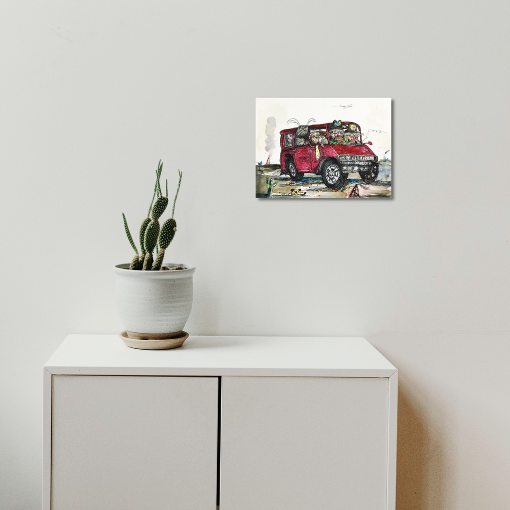 The artwork 'Magenta Humvee' by Andrew Chan features a vibrant watercolor and ink illustration of a rugged military vehicle in bold magenta tones. The detailed rendering showcases dynamic brushwork, capturing the vehicle's robust form against a minimalist background. The artwork combines urban and military aesthetics with loose, expressive watercolor techniques.