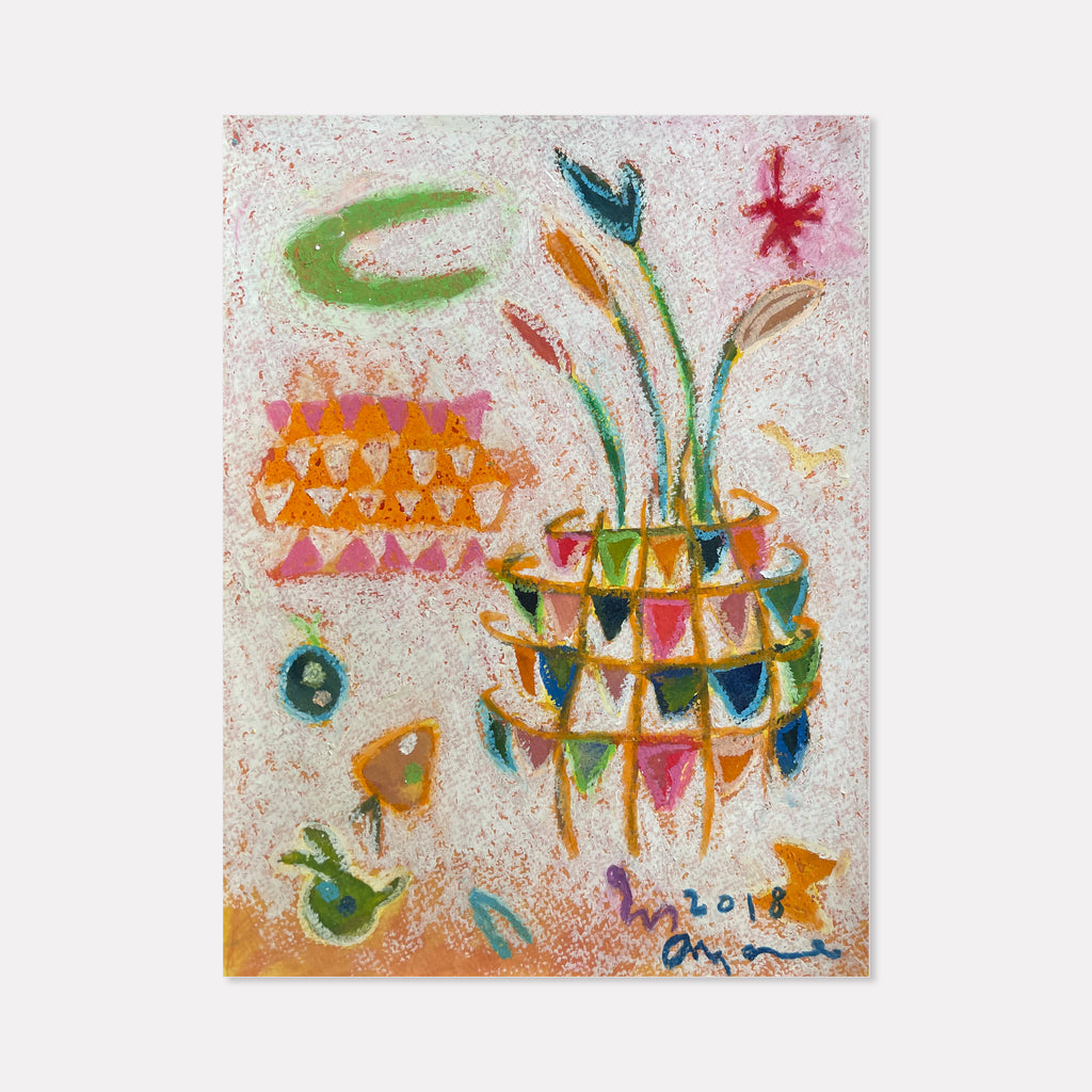 The artwork 'Magic Flute' by Ayane Kurai features a whimsical watercolor composition with a geometric orange and pink vase containing vibrant stems and a blue butterfly. Abstract shapes, including small birds and a pink star, float against a textured cream background. The piece combines watercolor fluidity with bold cray-pas strokes in a playful, folk art style.