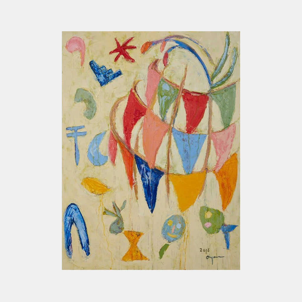 The artwork 'Magic Flute Vol.1' by Ayane Kurai features abstract geometric shapes in vibrant colors including red, blue, yellow, and pink against a cream background. The composition includes curved lines, star-like forms, and floating organic elements arranged in a playful, musical pattern, suggesting movement and rhythm on oil canvas. By Ayane Kurai.