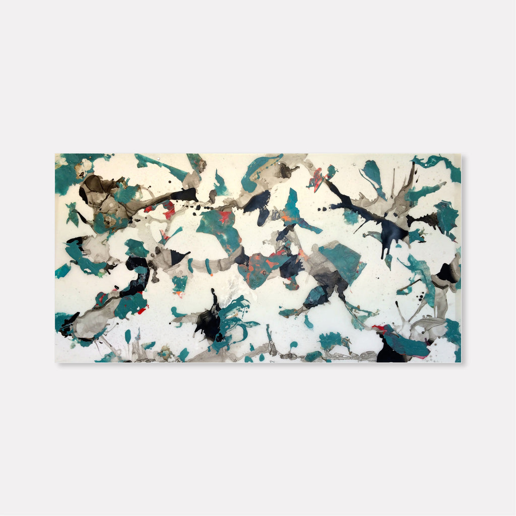 The artwork 'Making Honey' by Linda Lee Nicholas features an abstract expressionist composition with dynamic splashes and swirls in teal, gray, and black against a white background. The acrylic painting on Dibond showcases energetic brushstrokes and organic forms that appear to float and dance across the canvas, creating a fluid, atmospheric effect.