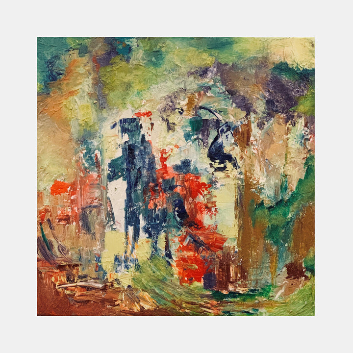 The artwork 'Man and the Child' by Rita BasuMallick features an abstract expressionist composition with vibrant splashes of teal, red, and yellow. Textured brushstrokes create dynamic movement across the canvas, with bold impasto technique adding depth. Dark navy forms emerge from a warm earthtone background, suggesting silhouetted figures amid a colorful, atmospheric landscape. Oil on gallery-wrapped canvas by Rita BasuMallick.