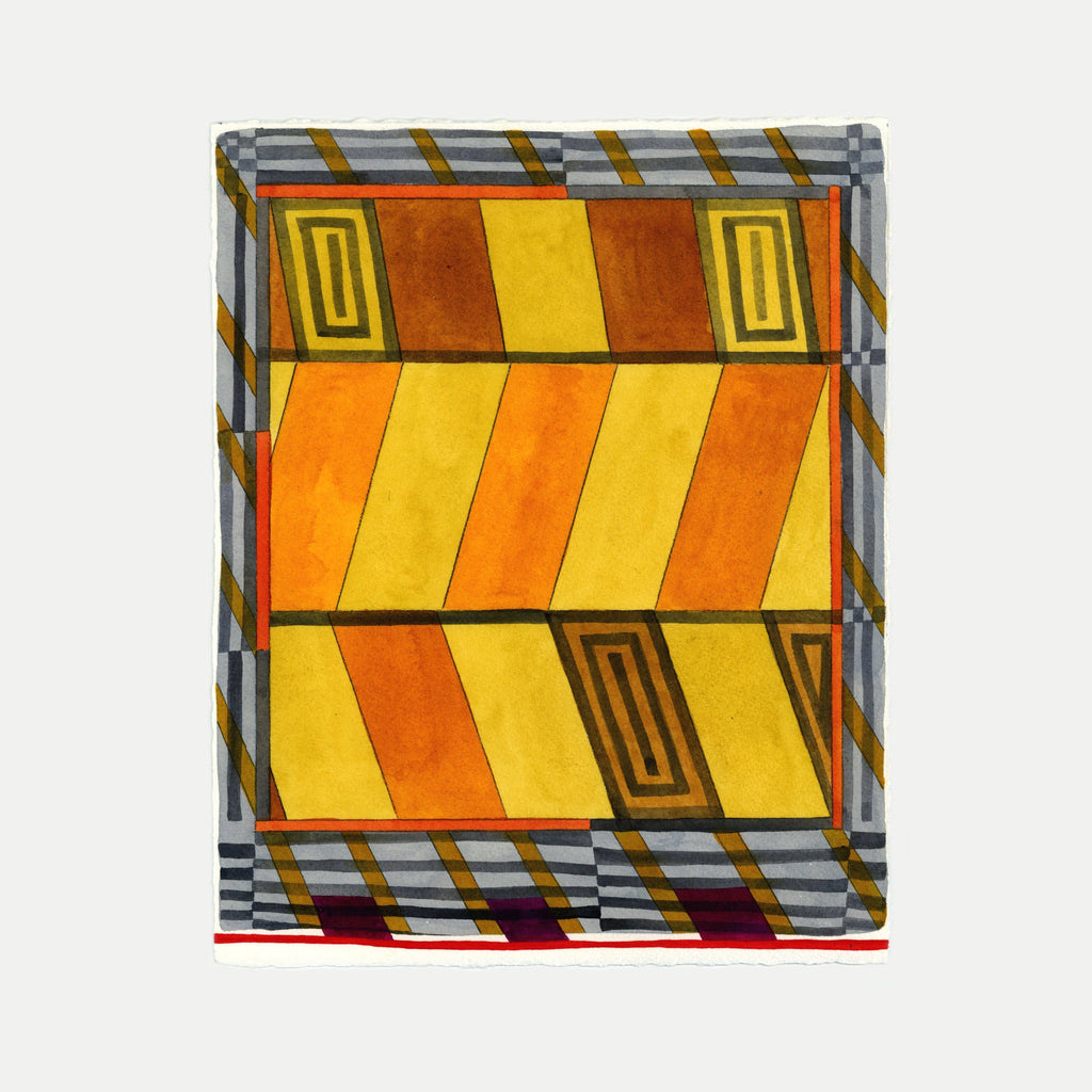The artwork 'PPR263' by Max Manning features bold geometric patterns with alternating orange and yellow diagonal stripes, framed by a gray border with angular Greek key motifs. Created in watercolor, ink and gouache, the composition showcases a modern, architectural design with strong linear elements and warm earth tones.