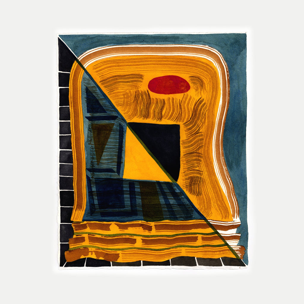 The artwork 'PPR265' by Max Manning features abstract geometric shapes with a dominant golden-yellow curved form against a deep teal background. Bold black diagonal lines create dramatic contrast, while a striking red circular element floats above. The composition combines fluid watercolor strokes with precise ink lines, showcasing layered textures in gouache on Arches paper.