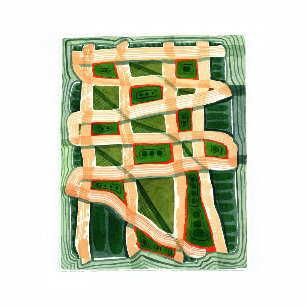 The artwork 'PPR268' by Max Manning features interweaving peach-colored ribbons creating an abstract lattice pattern against a deep emerald green background. Fluid watercolor and gouache strokes combine with precise ink details, forming geometric sections with small rectangular accents throughout the 10x8 inch composition on Arches paper. By Max Manning.