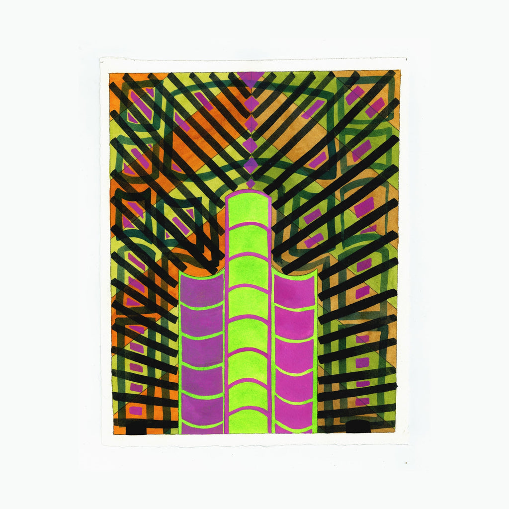 The artwork 'PPR269' by Max Manning features bold geometric patterns with intersecting black diagonal lines creating a dynamic grid effect. A central column of neon green and magenta wavy segments rises vertically, surrounded by radiating orange and green stripes. Created with watercolor, ink and gouache, the composition exhibits vibrant contrasts and architectural elements.