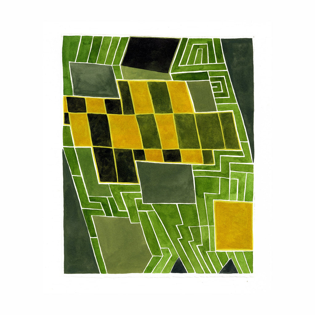 The artwork 'PPR272' by Max Manning features an abstract geometric composition with checkered patterns in forest green and golden yellow. White linear elements create a maze-like structure throughout the watercolor painting, dividing the space into angular sections. The gouache and ink details enhance the contrast between shapes on Arches paper. Art by Max Manning