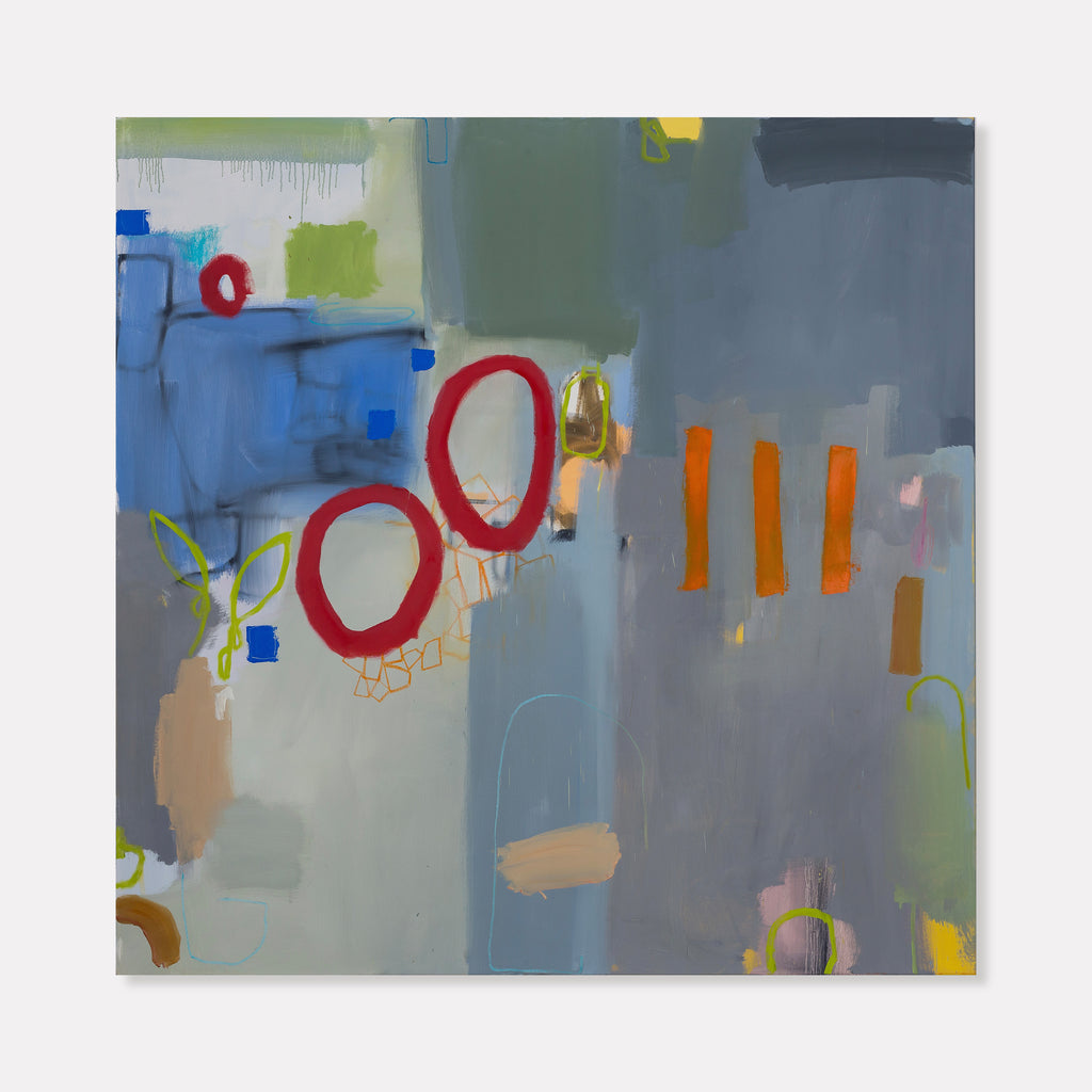 The artwork 'March' by Janice La Motta features an abstract composition with bold red circular forms and orange vertical stripes against a misty gray-blue background. Gestural brushstrokes create layers of soft greens, pale yellows, and subtle peach tones. The oil and oil pastel technique produces textural contrasts between smooth and rough surfaces across the 60x60 inch canvas.