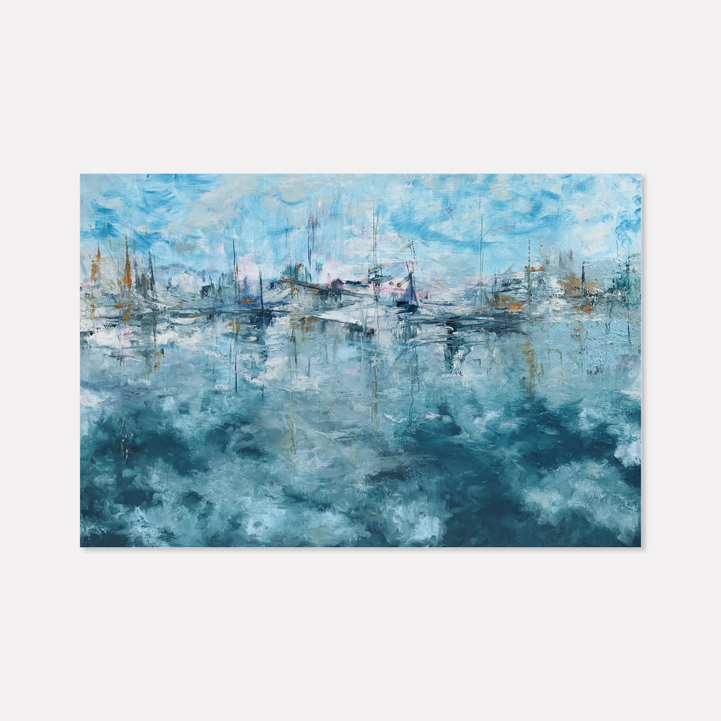 The artwork 'Marina' by Rita BasuMallick depicts a serene harbor scene in impressionistic style, featuring sailboats silhouetted against a turquoise sky. The oil painting combines deep teal waters with misty blue reflections, creating a dreamlike maritime landscape. Loose brushstrokes and layered textures capture the ethereal atmosphere of a peaceful waterfront at dawn. By Rita BasuMallick.