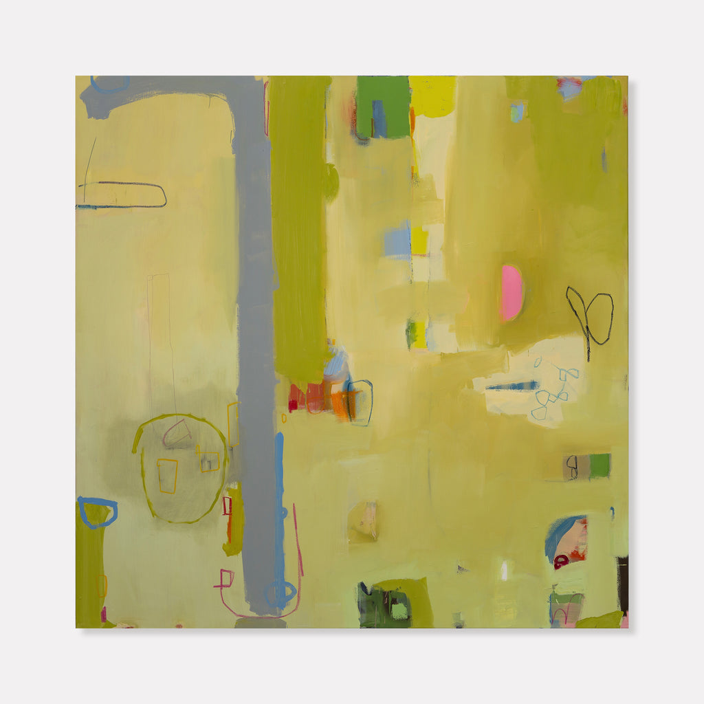 The artwork 'Mariposa' by Janice La Motta features abstract expressionist composition on a luminous yellow-green background. Ethereal geometric shapes, delicate line work, and scattered color blocks in blues, pinks, and grays create a dreamy, floating effect. The oil and oil pastel technique adds textural depth, with subtle layering and spontaneous marks across the 60x60 inch canvas.